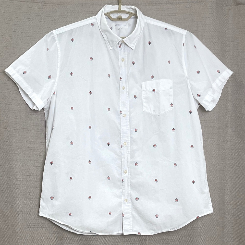 Aeropostale Mens Shirt XL White Geometric Print Short Sleeve Button Down Preppy